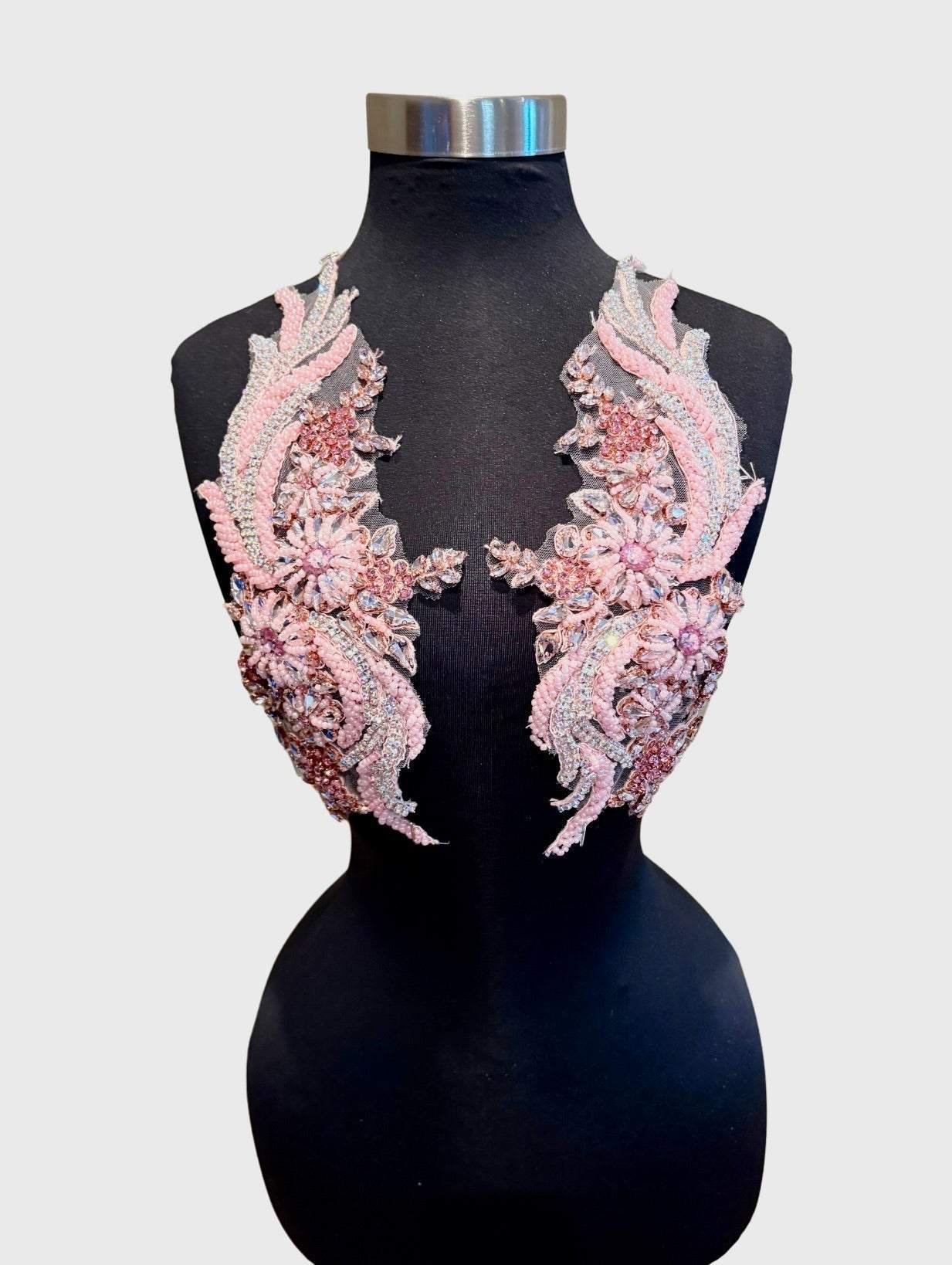 Handmade rhinestone and glass bead appliqué pair on mannequin, elegant design, 14-inch size.