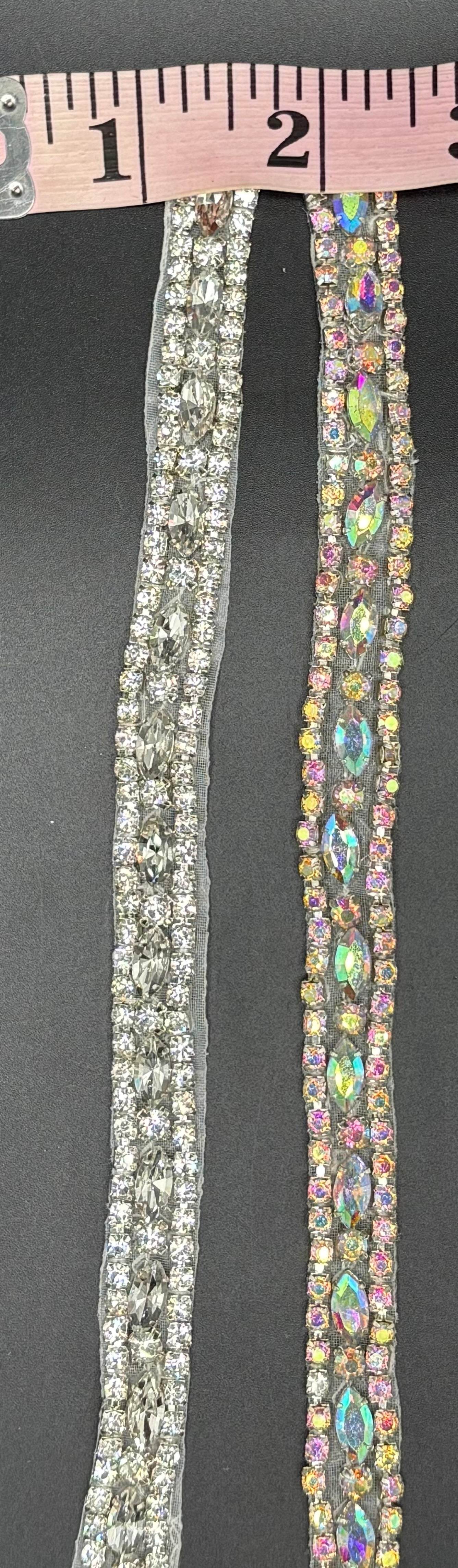 "Alyssa" Rhinestone Yardage measuring 1/4 inch in width, featuring two elegant styles.