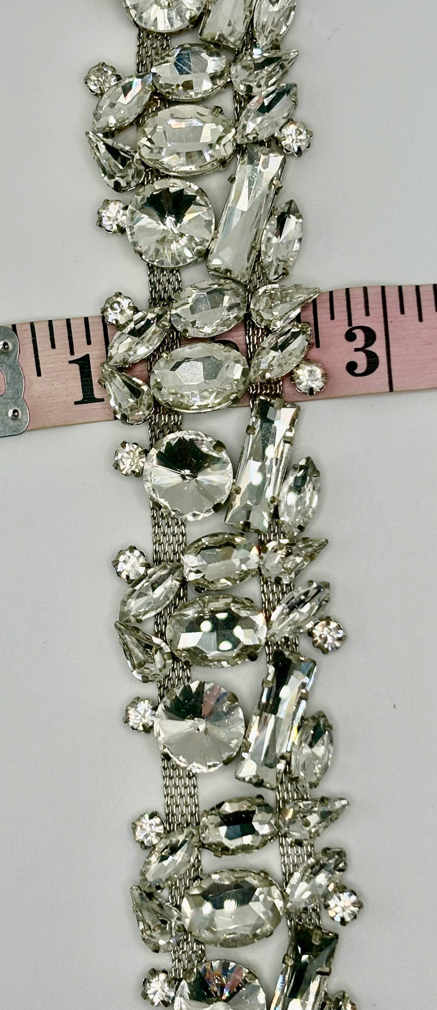 "Sophia" Yardage clear rhinestone on silver chain, 1 1/2" width.