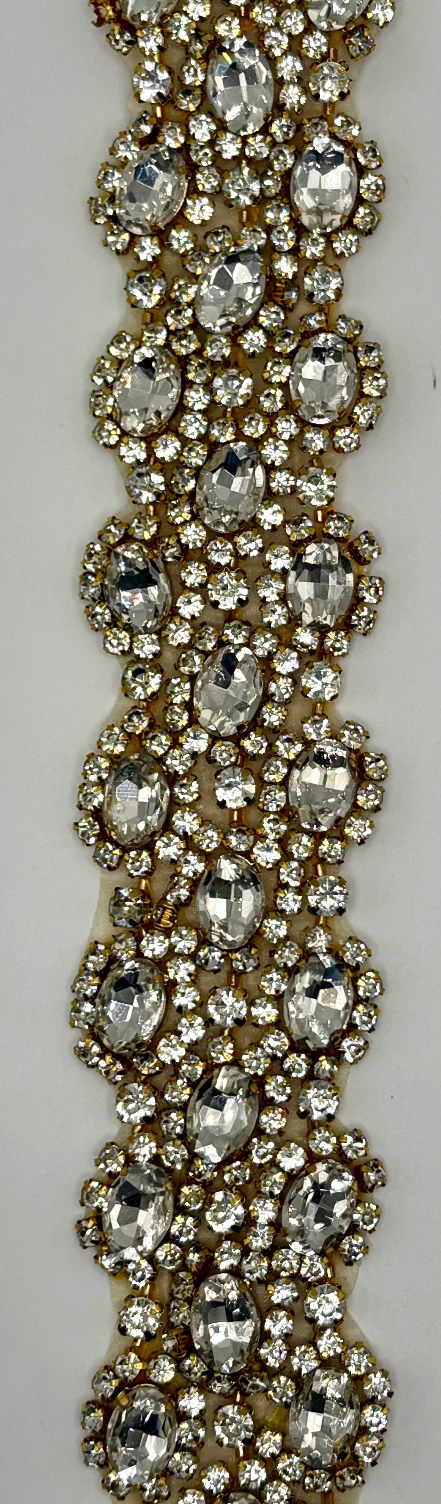 Jasmine Rhinestone Yardage, 1 3/4" wide, handmade trim with sparkling rhinestones, elegant for bridal and decor accents.