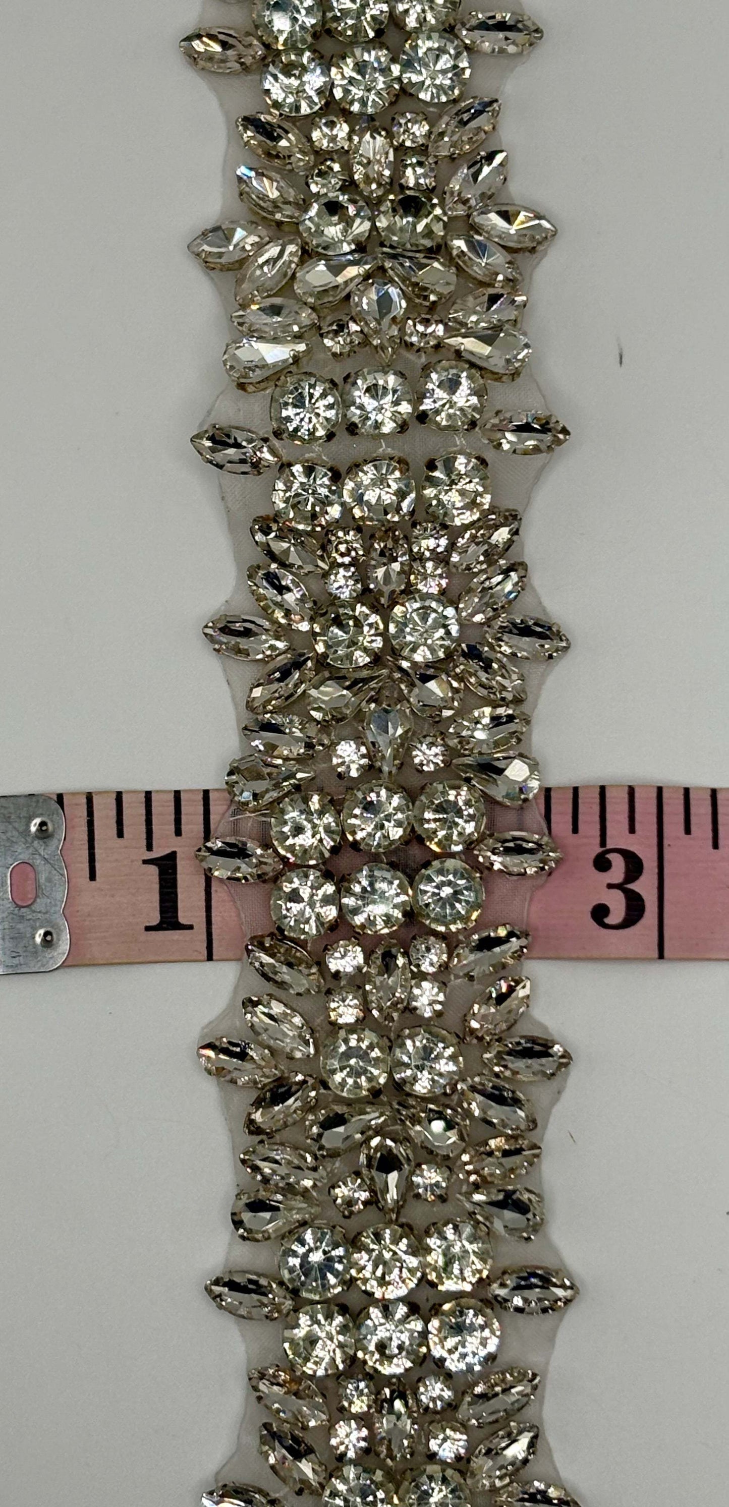 "Tiana" Rhinestone Yardage handmade embellishment, approximately 1.5 inches wide.