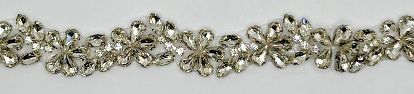 Handmade clear rhinestone bridal belt on silver, approximately 16 inches in length.