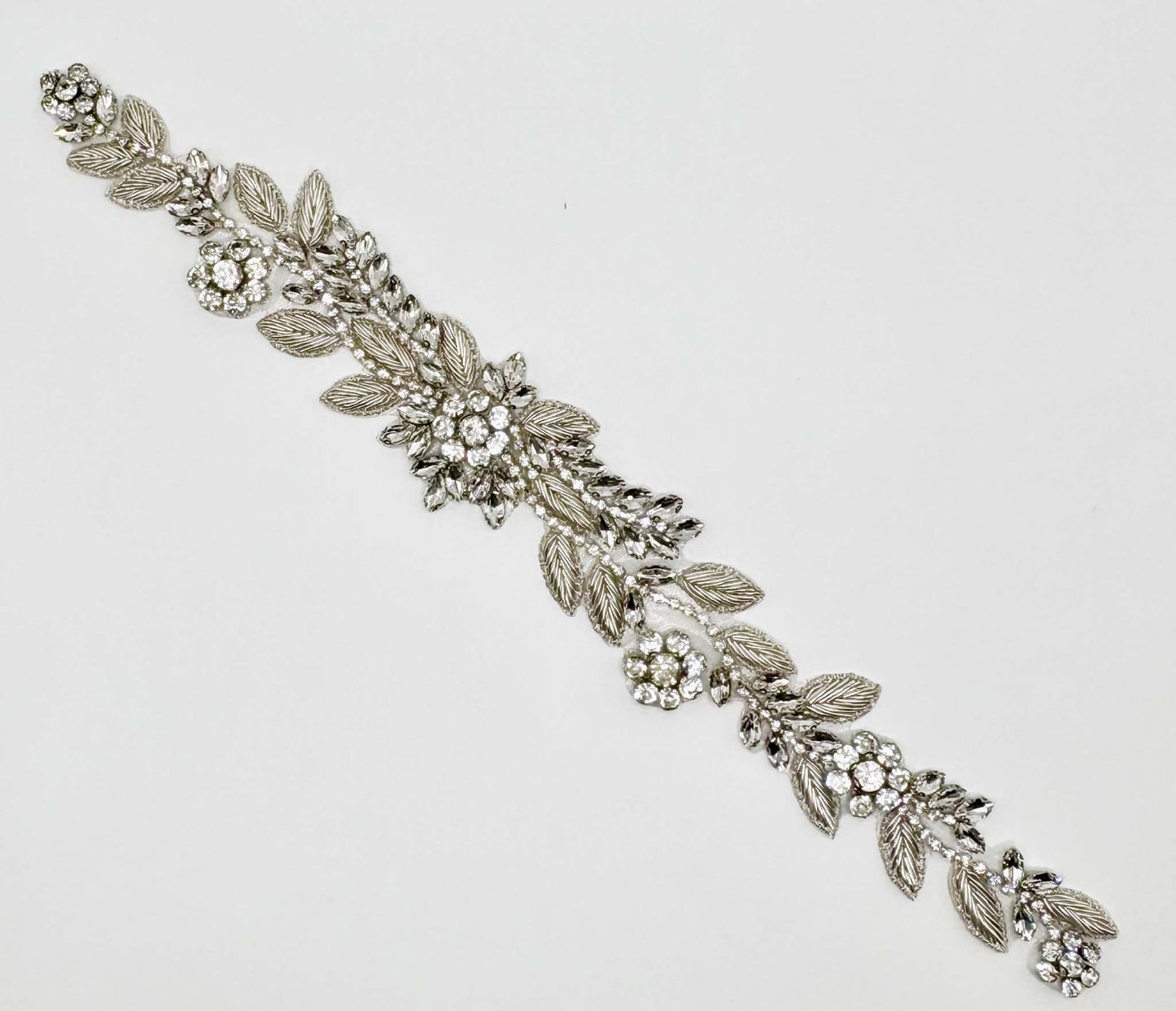 Handmade rhinestone bridal belt with silver bullion threads, floral design.