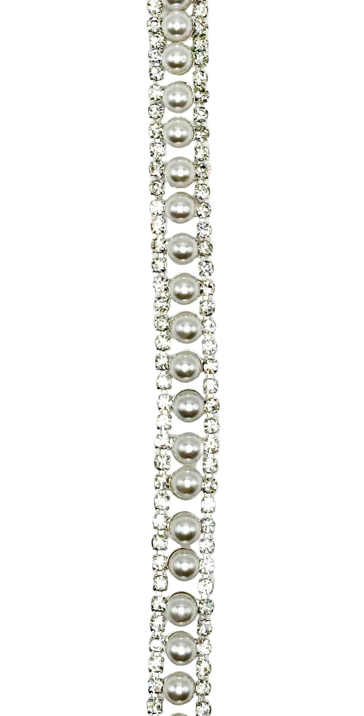 Pearl Rhinestone Trim on silver chain, featuring handmade pearls and rhinestones for elegant designs.
