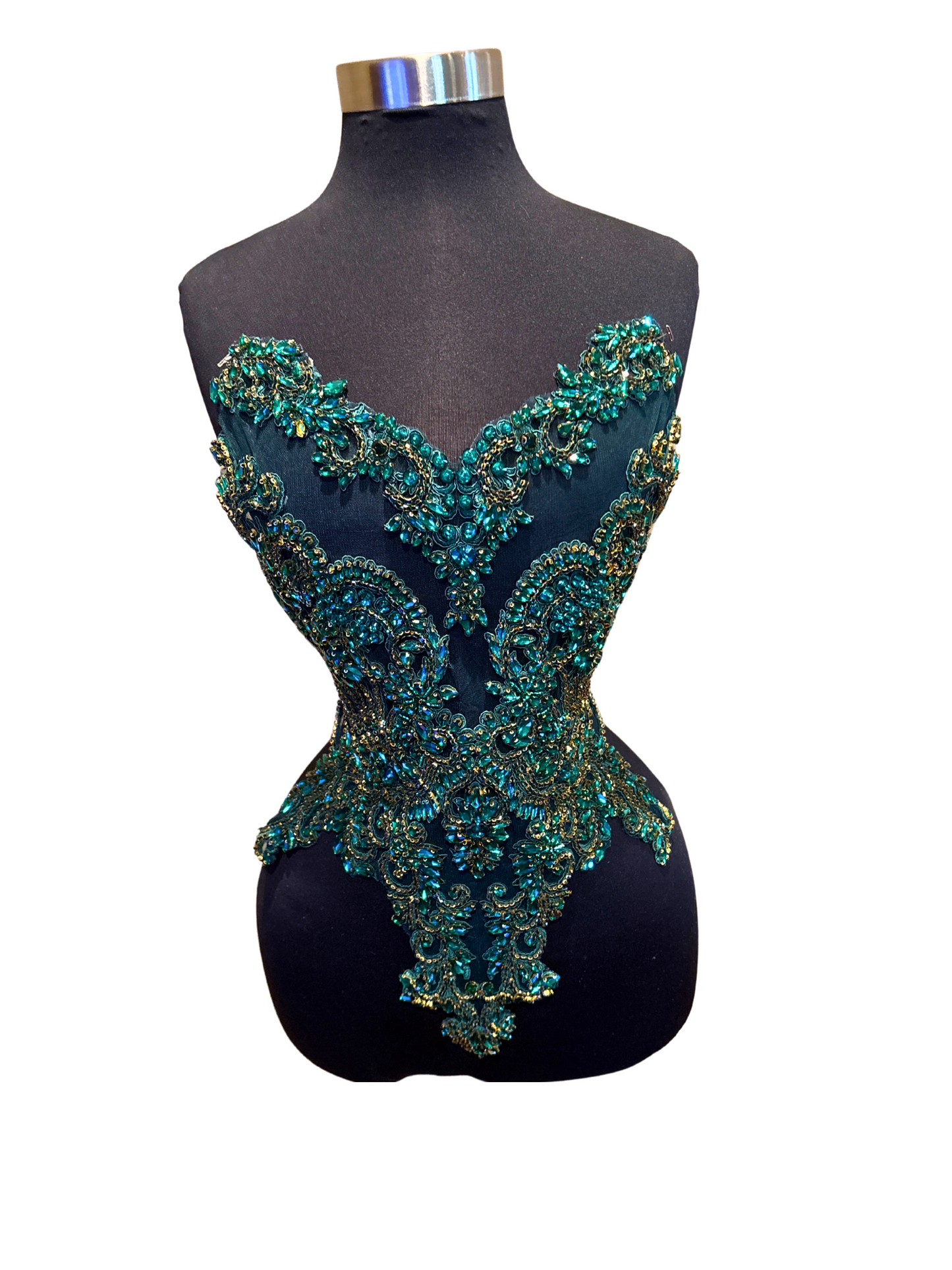 Emerald Handmade rhinestone bodice applique with intricate beadwork for elegant embellishment.
