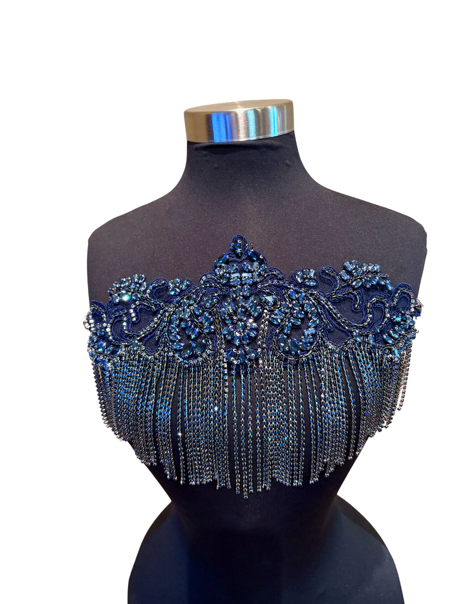 Handmade rhinestone fringe applique with chain fringe on mannequin.