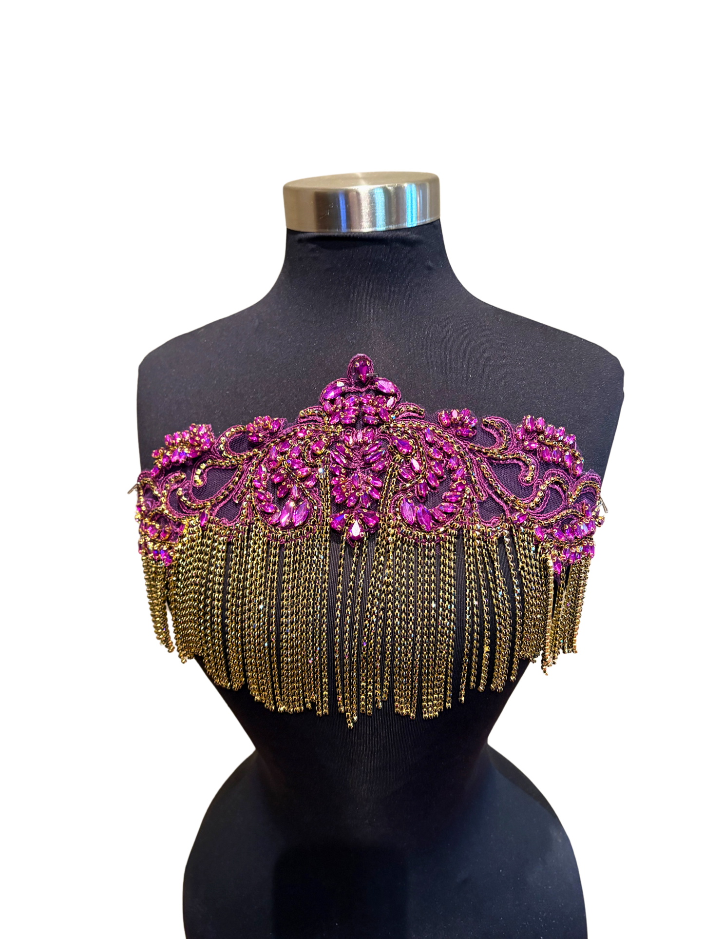 Handmade rhinestone fringe applique with chain fringe on display mannequin.