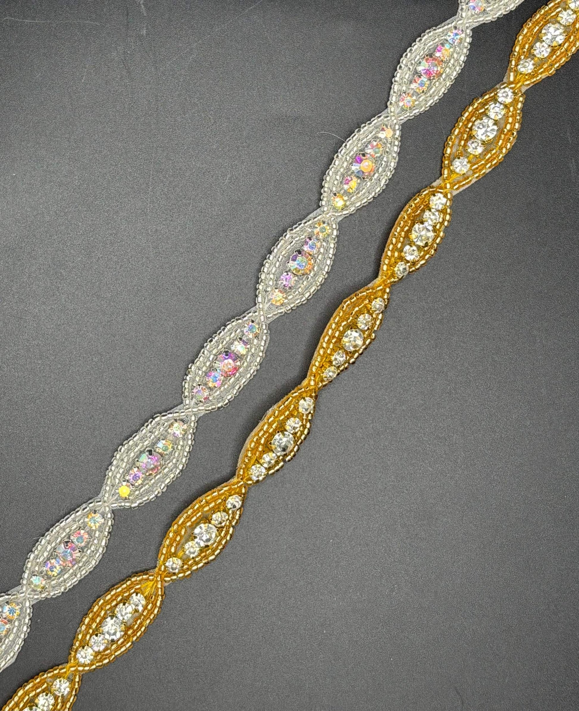 Rhinestone and beaded yardage with ovals, available in AB/Silver and AB/Gold combinations.