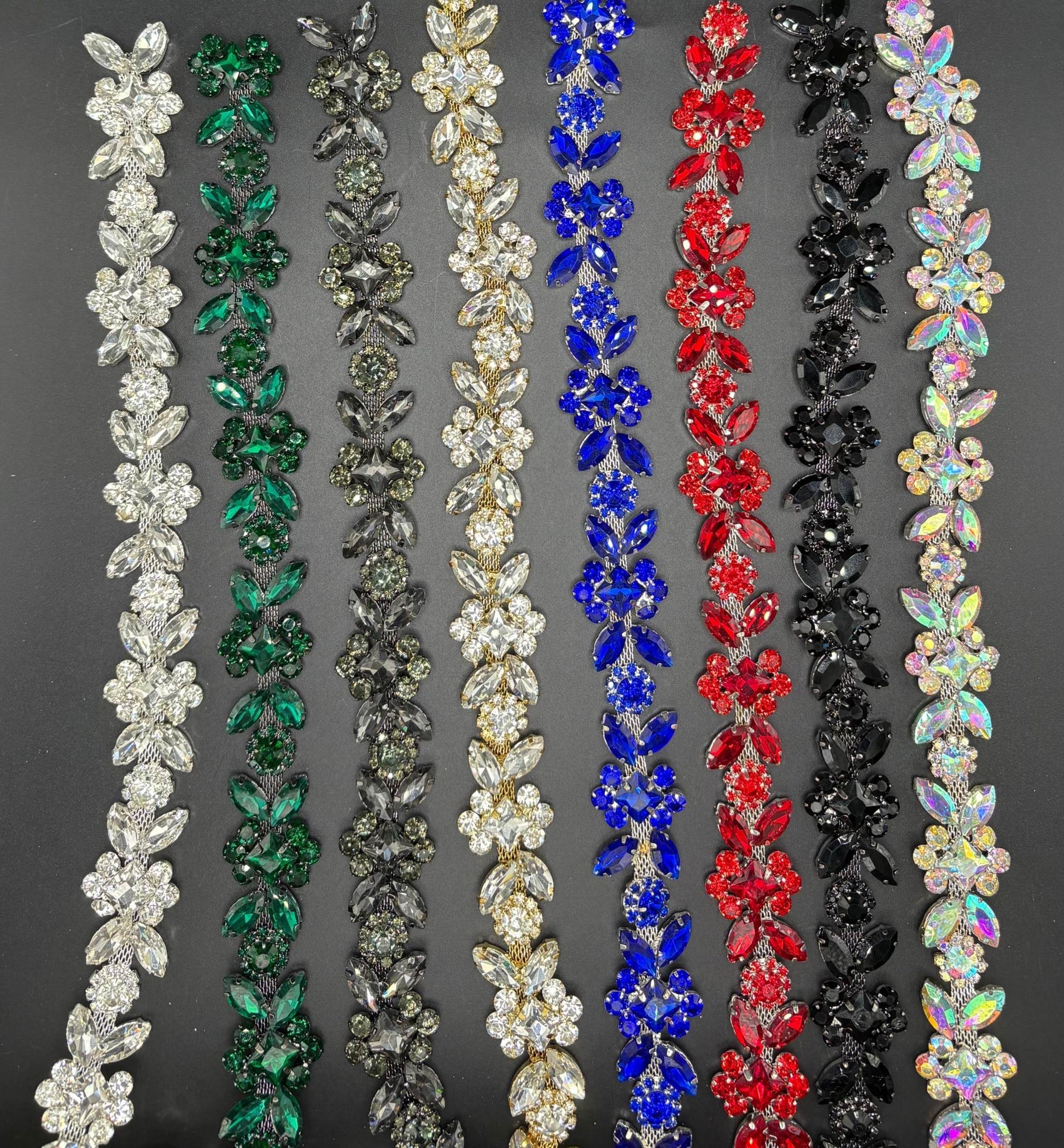 Taylor Yardage on Chain Back trim with rhinestones in various colors.