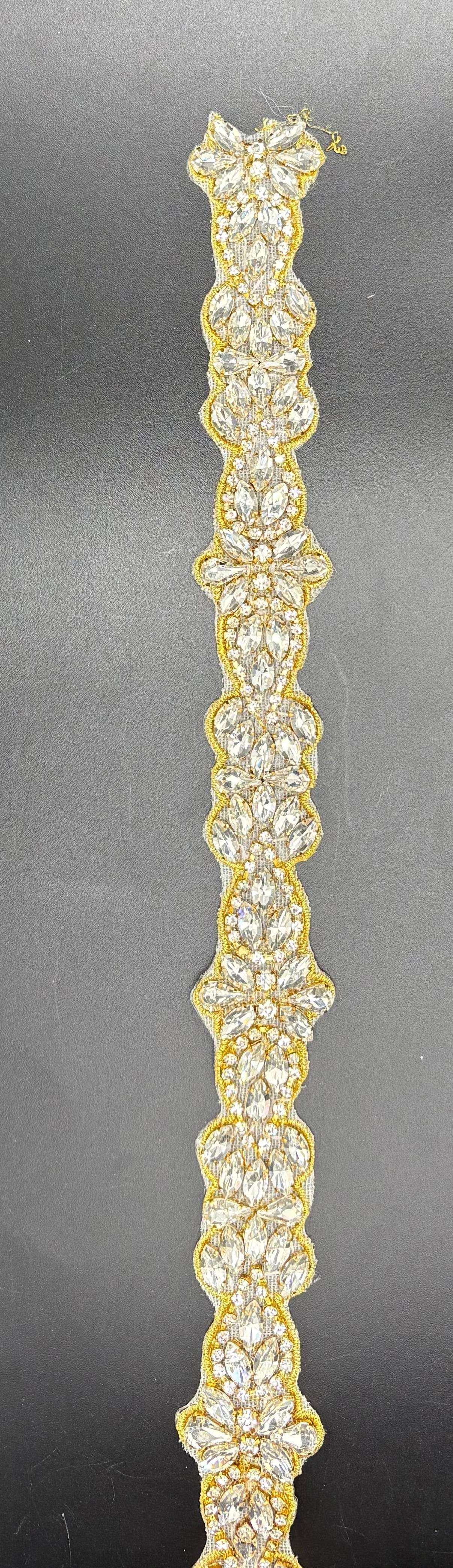 Emma's Yardage handmade rhinestone trim with gold accents.