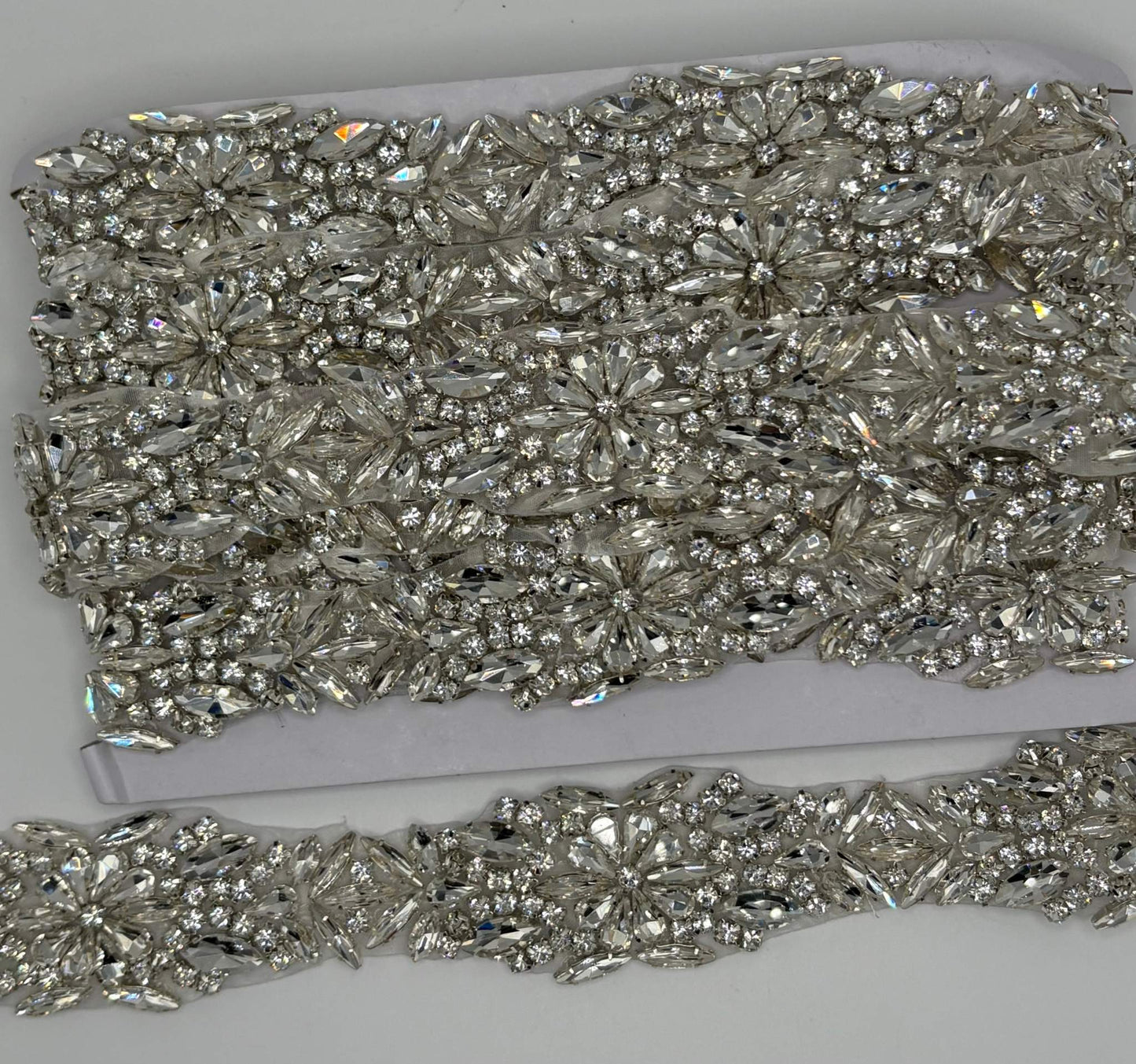 Marquee Rhinestone Yardage, 1 3/8" wide trim with clear and AB rhinestones in marquee pattern.