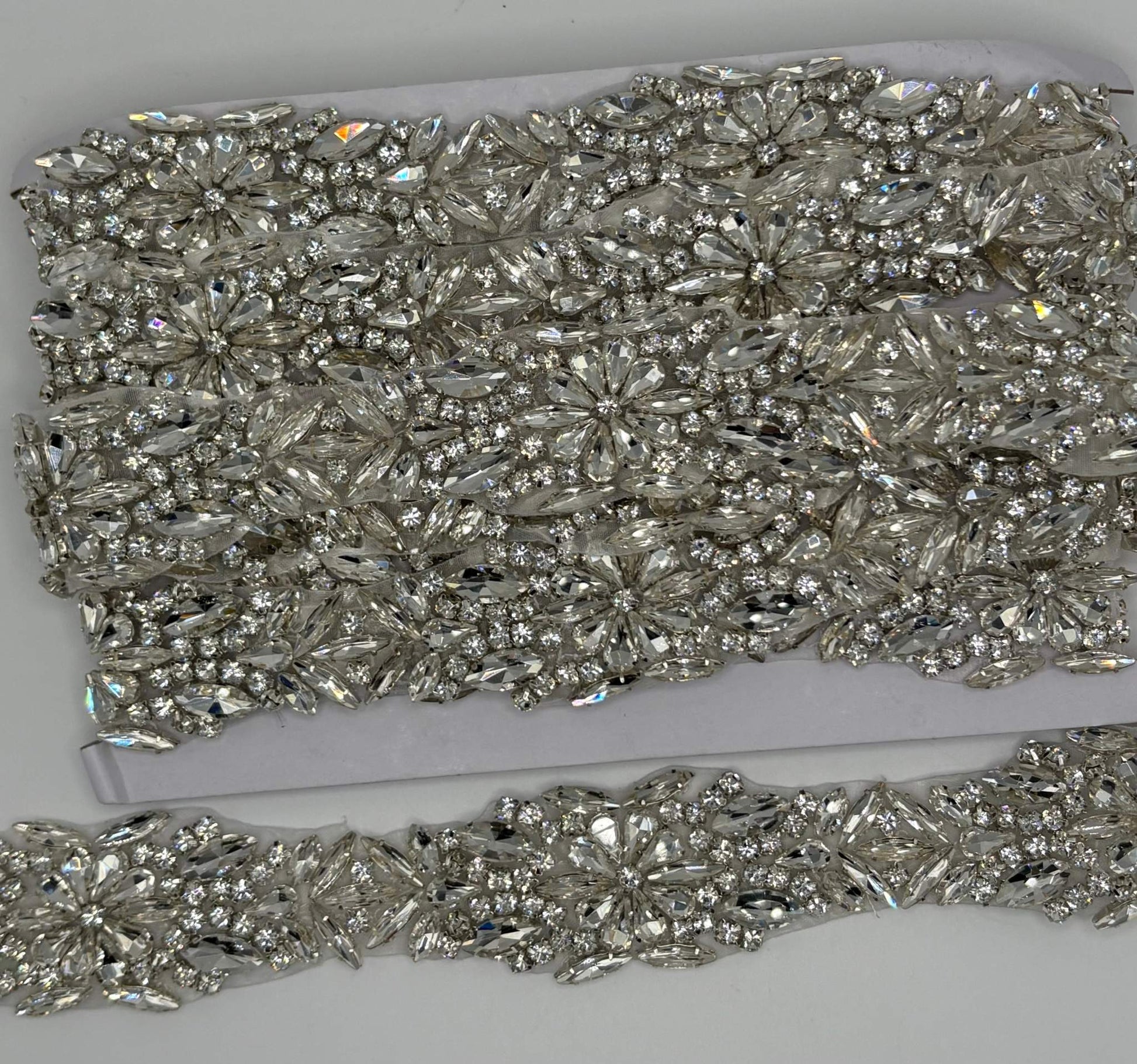 Marquee Rhinestone Yardage, 1 3/8" wide trim with clear and AB rhinestones in marquee pattern.