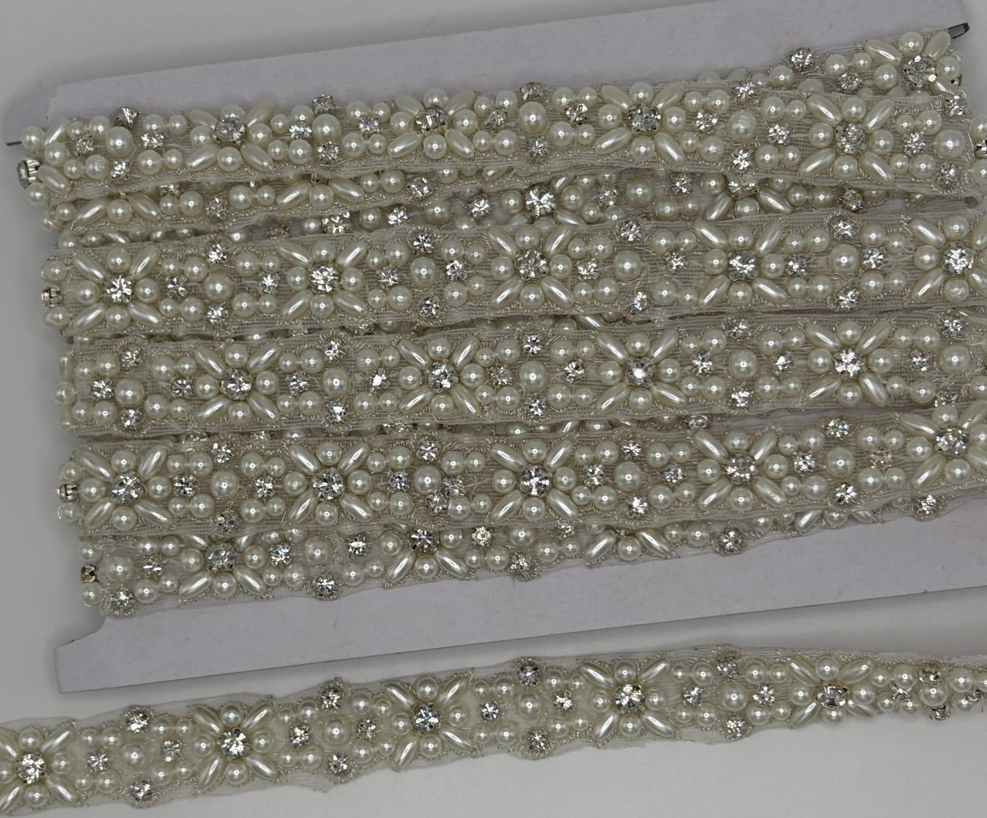 "Hailey" Rhinestone and Pearl Yardage on silver setting, handmade embellishment for crafts and fashion.