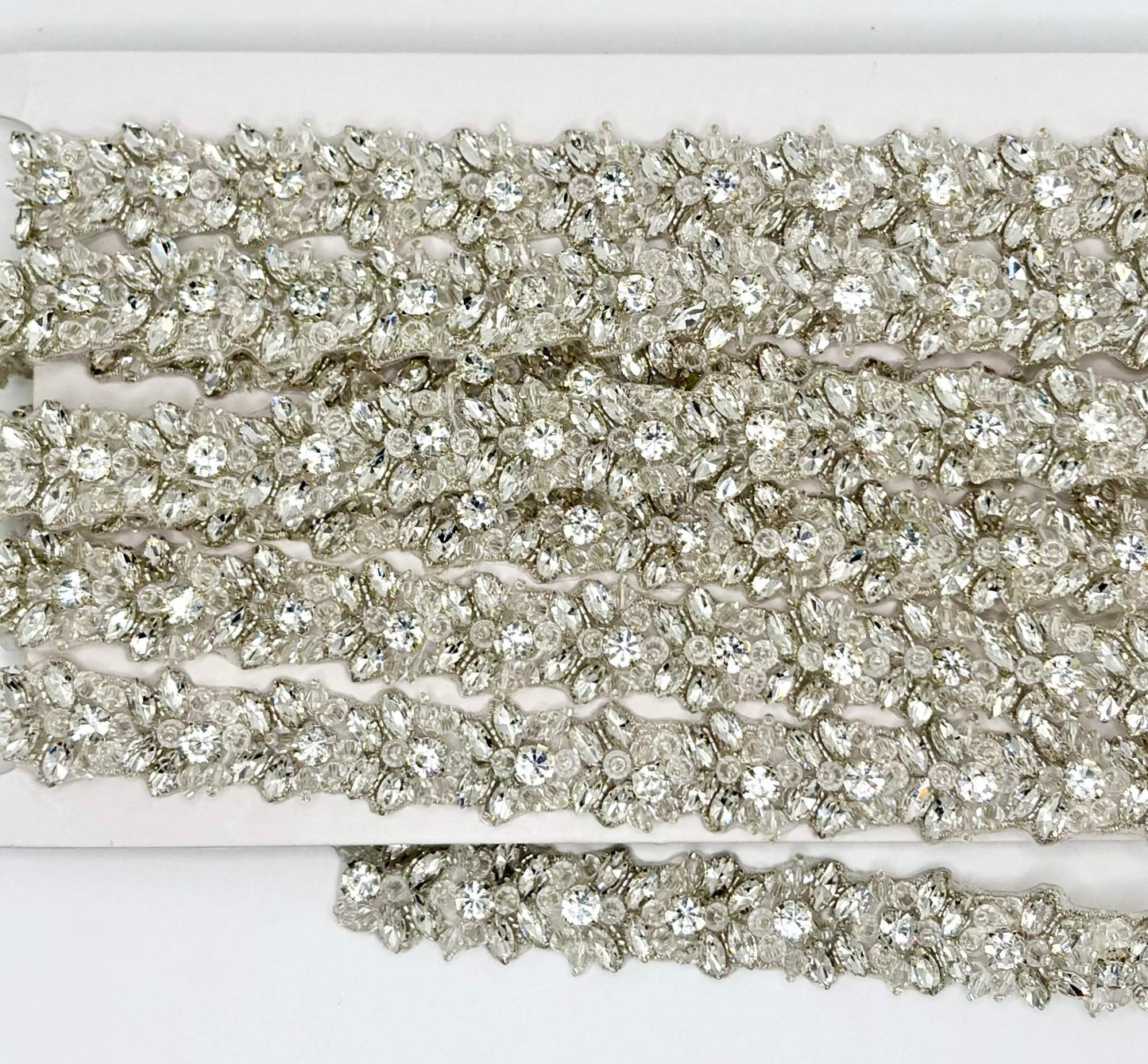 Handmade rhinestone and glass bead yardage, 3/4 inch wide; perfect for embellishments.