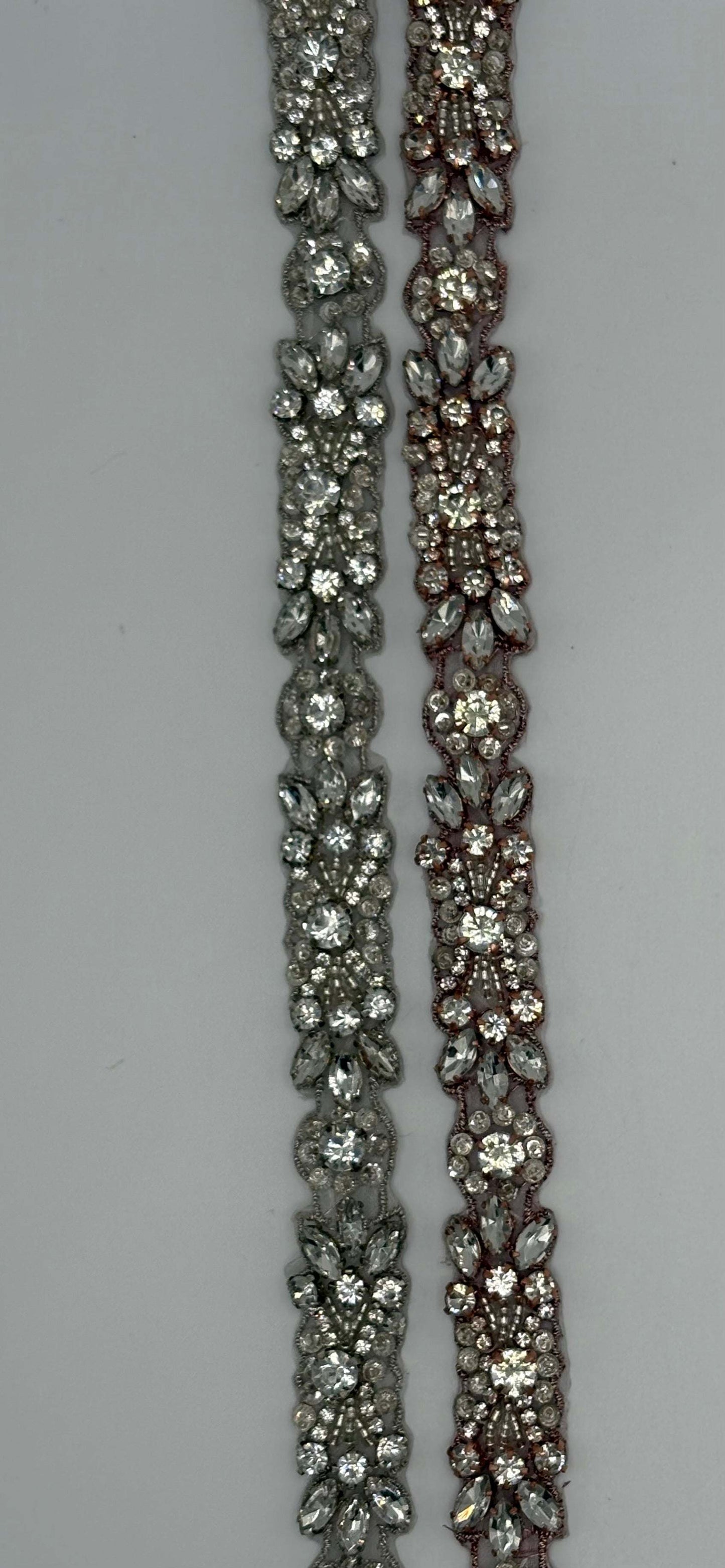 Mia's Yardage clear rhinestones and glass beads trim, silver and rose gold settings, 1/2 inch width.