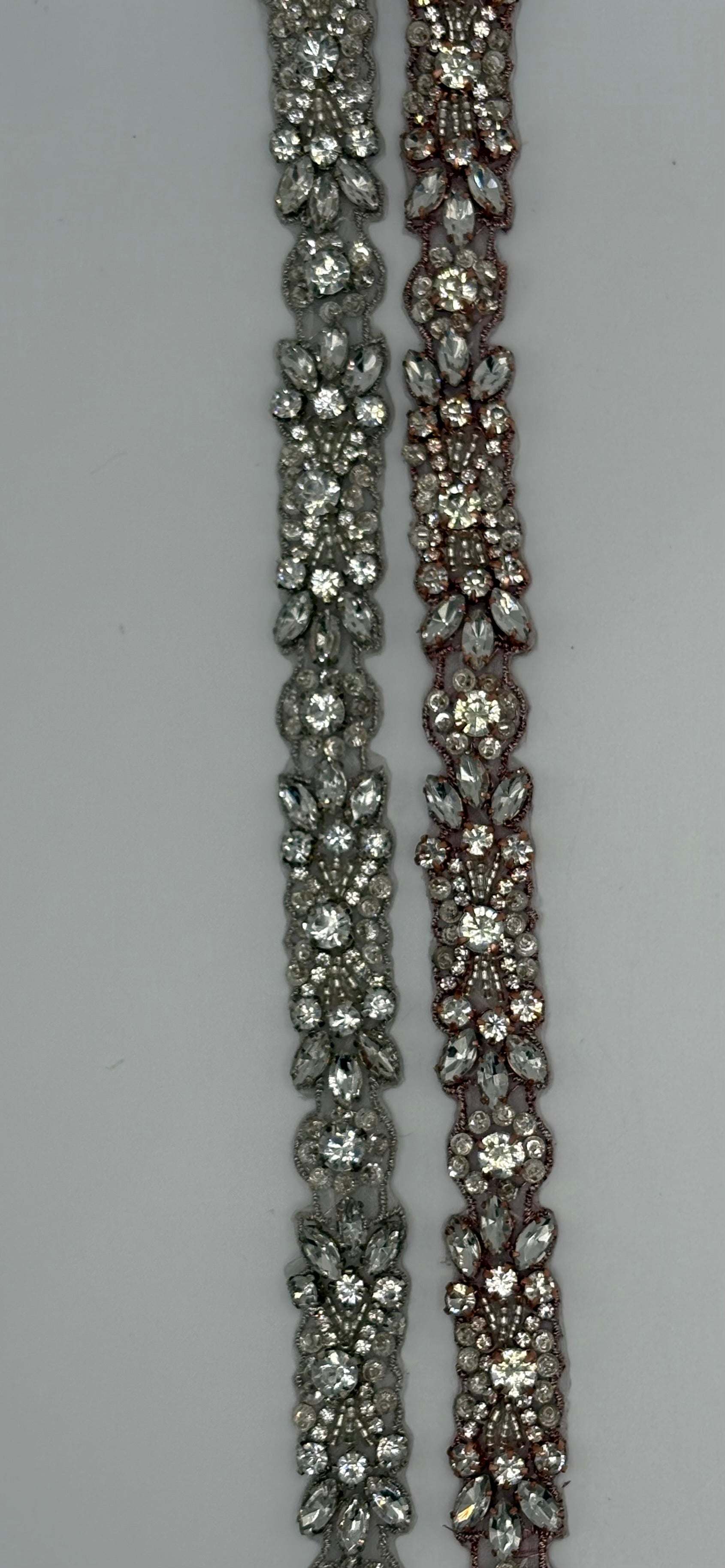Mia's Yardage clear rhinestones and glass beads trim, silver and rose gold settings, 1/2 inch width.