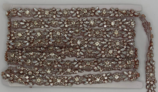 Clear rhinestones and glass beads trim with silver and rose gold setting on "Mia's" Yardage.