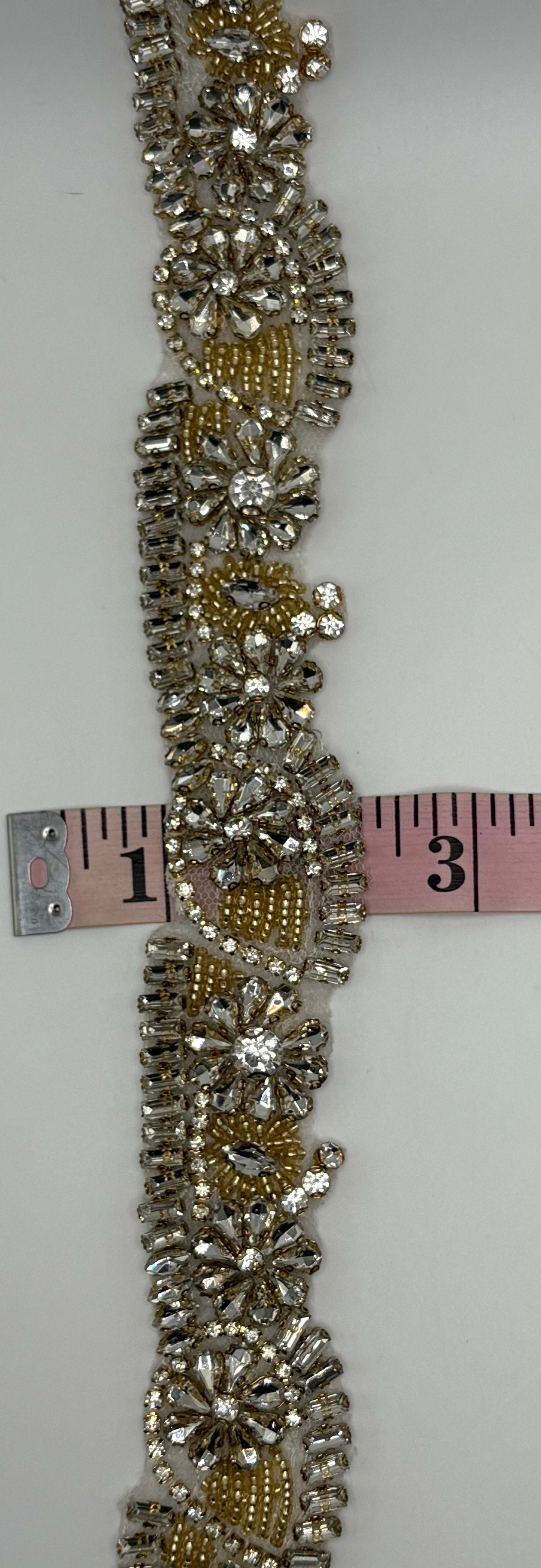 "Genesis" Handmade Rhinestone TrimYardage with clear and gold details, approximately 1 3/4" wide, handmade design.