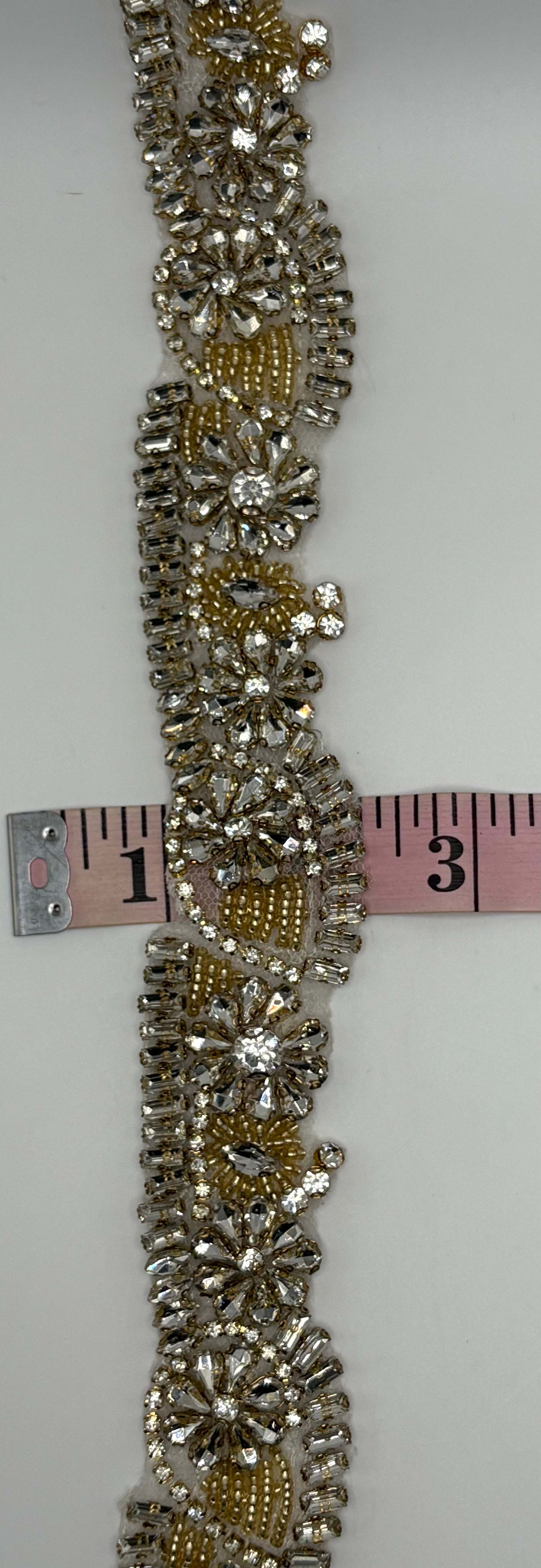 "Genesis" Handmade Rhinestone TrimYardage with clear and gold details, approximately 1 3/4" wide, handmade design.