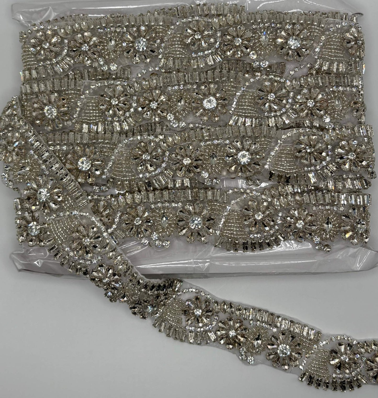 Handmade Rhinestone Trim Yardage in clear and gold, approximately 1 3/4" wide.