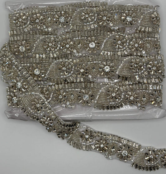 Handmade Rhinestone Trim Yardage in clear and gold, approximately 1 3/4" wide.