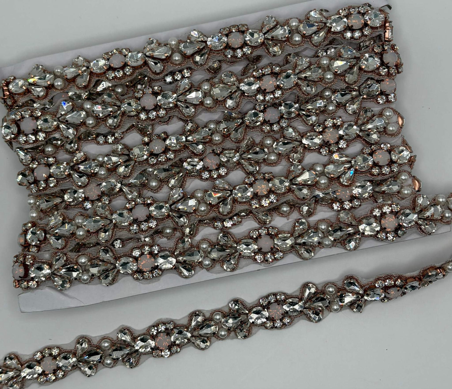 Clear rhinestone yardage with pearl accents, 3/4" width.