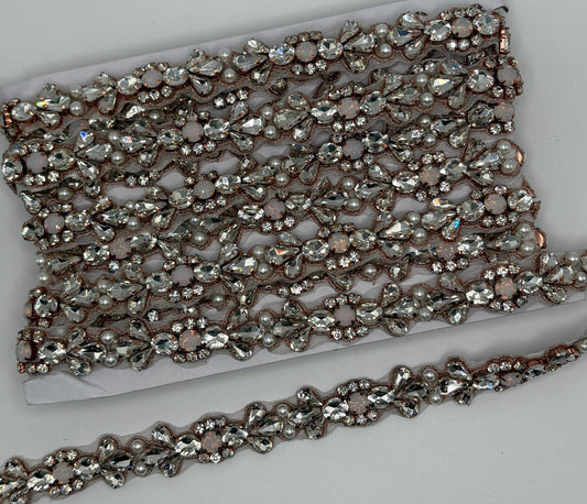 Clear rhinestone yardage with pearl accents, 3/4" width.
