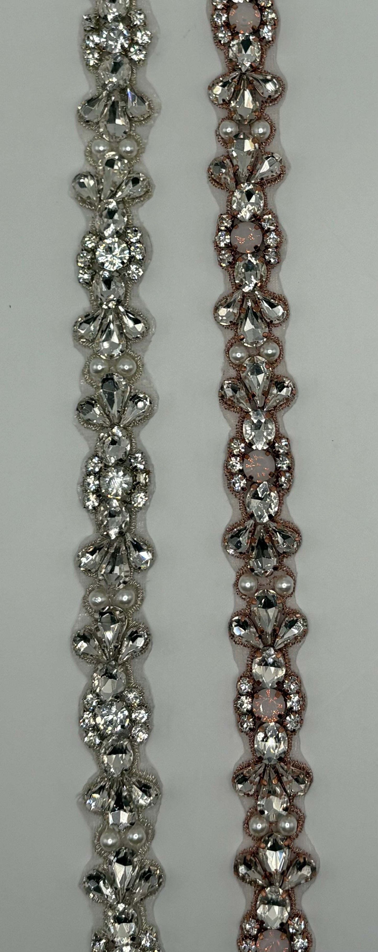 Clear rhinestone yardage with pearl accents, 3/4" width.