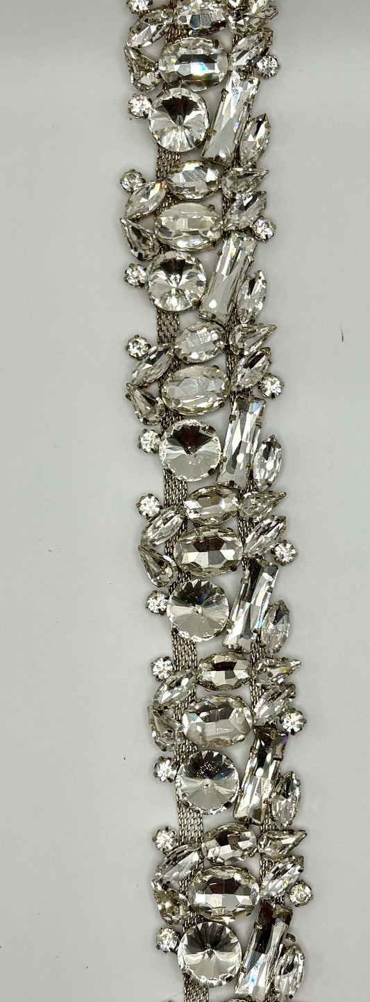 "Sophia" Yardage in clear rhinestones on silver chain, 1 1/2" width.