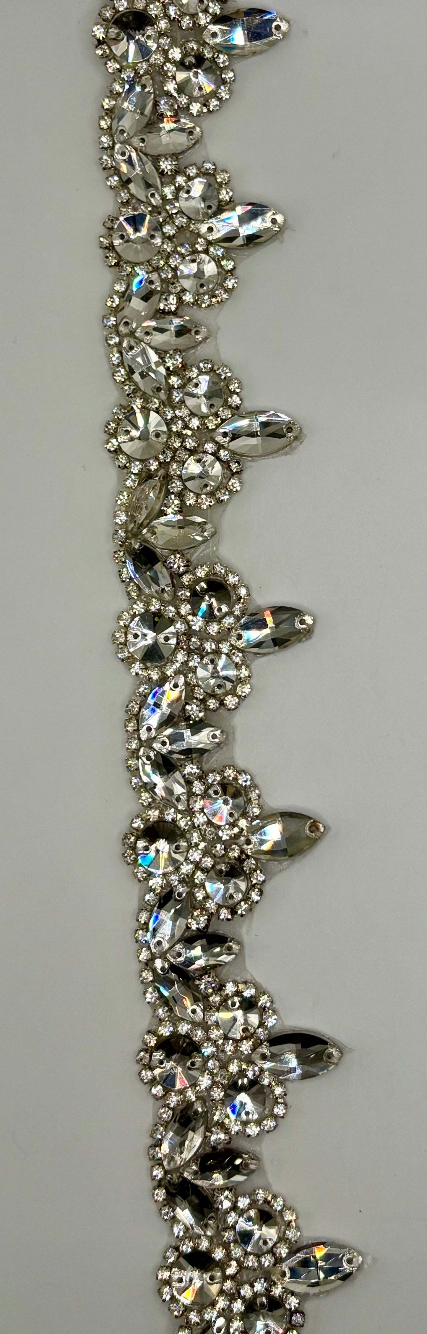 Zaza Rhinestone Cluster yardage with clear crystal rhinestones, 1 1/2 inches wide, handmade decorative trim.
