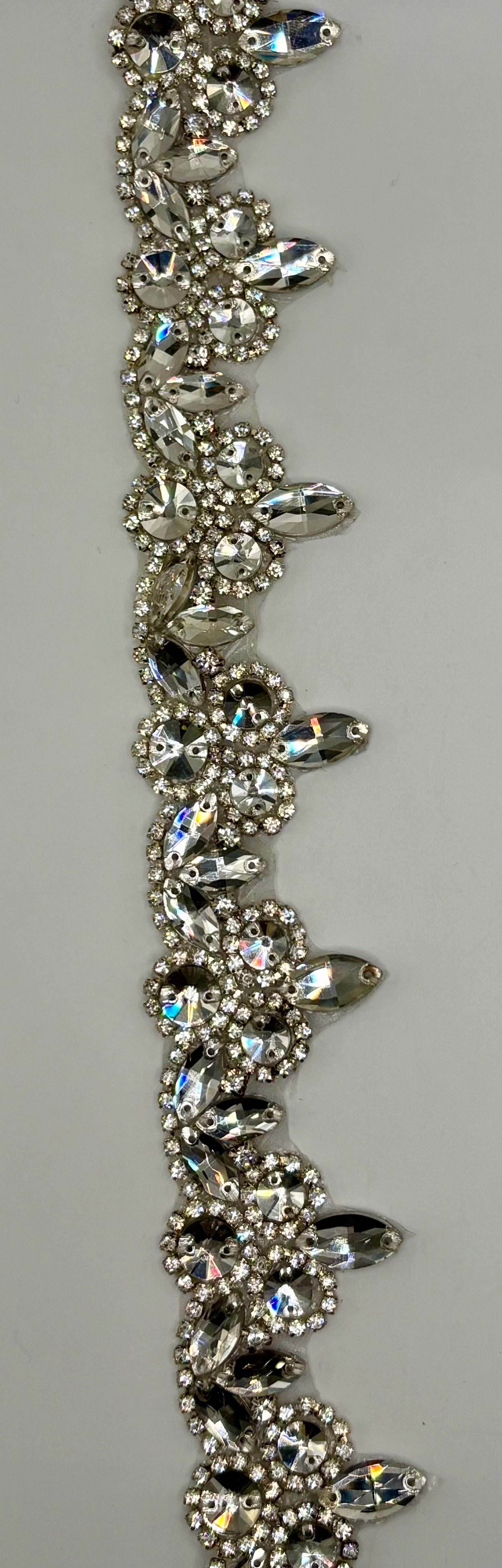 Zaza Rhinestone Cluster yardage with clear crystal rhinestones, 1 1/2 inches wide, handmade decorative trim.
