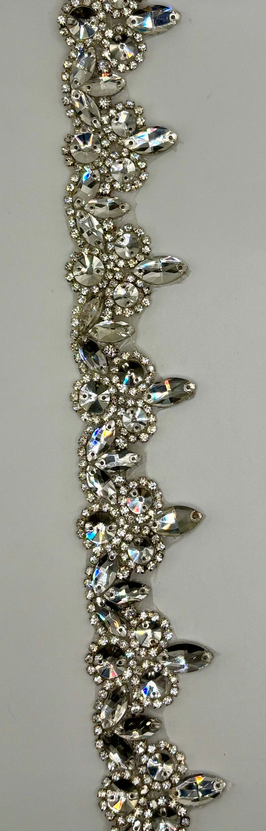 Zaza Rhinestone Cluster yardage with clear crystal rhinestones, 1 1/2 inches wide, handmade decorative trim.