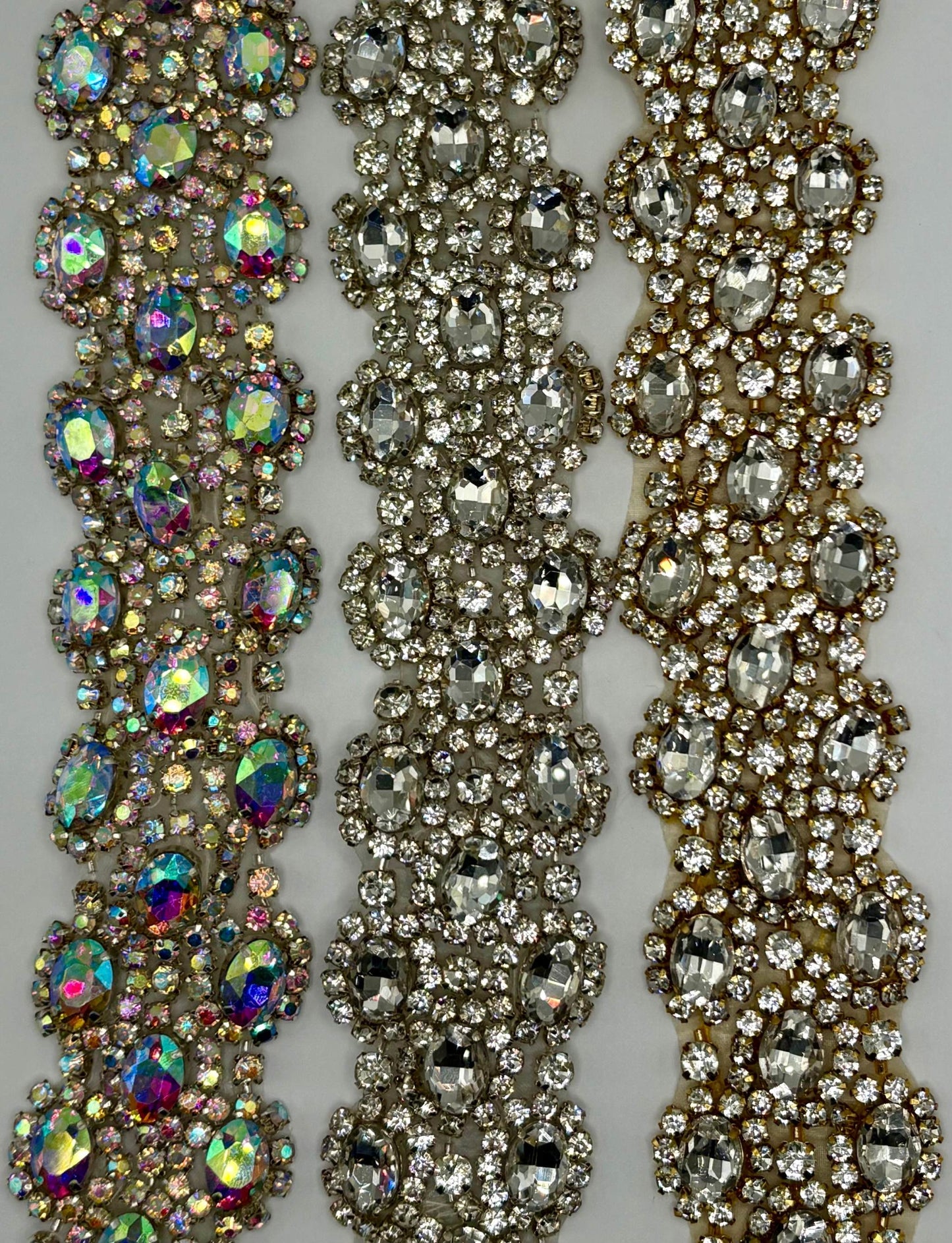 Handmade 1 3/4" wide Jasmine Rhinestone Yardage in various colors, perfect for luxurious accents in fashion and decor projects.