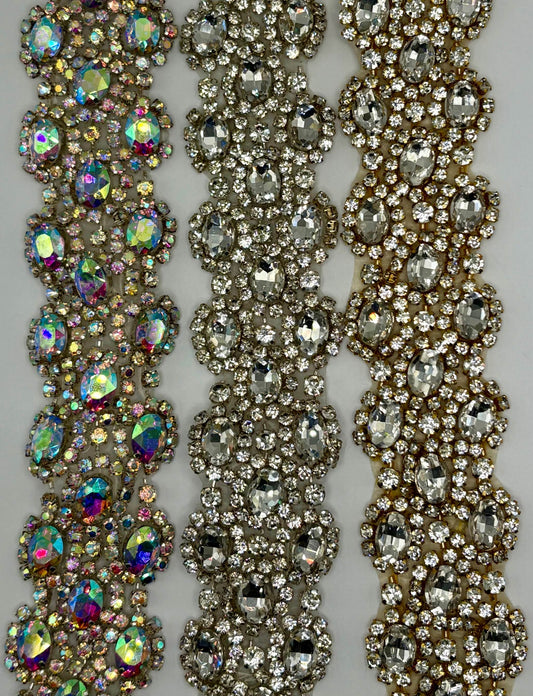 Handmade 1 3/4" wide Jasmine Rhinestone Yardage in various colors, perfect for luxurious accents in fashion and decor projects.