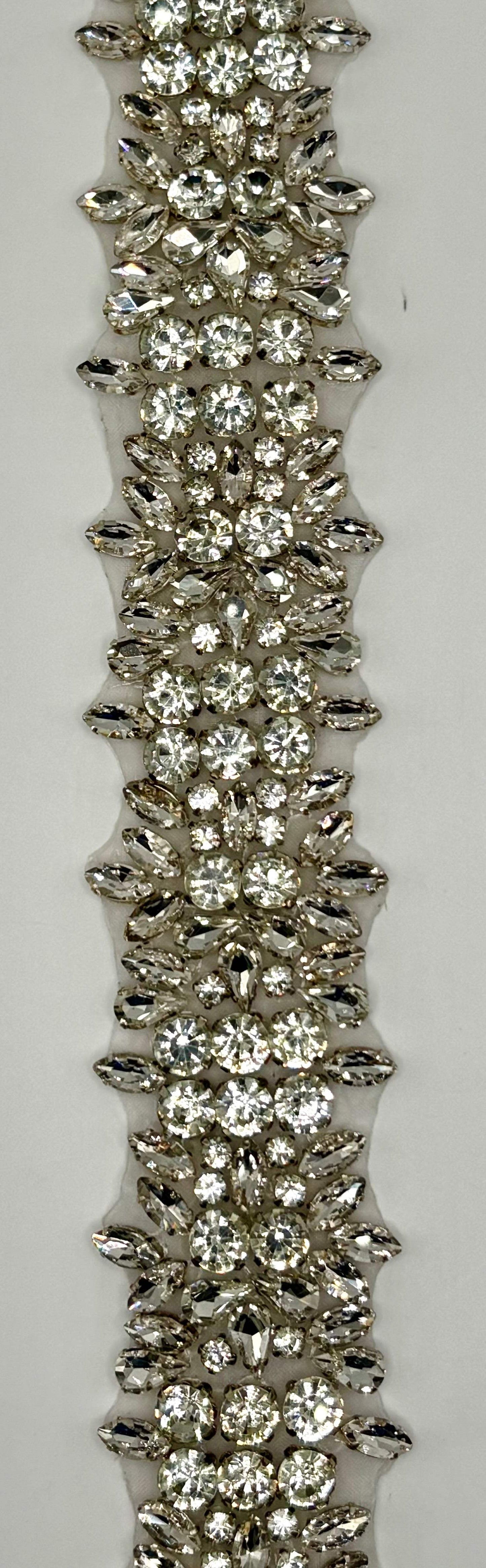 "Tiana" Rhinestone Yardage, handmade, approximately 1.5 inches wide, sparkling design.