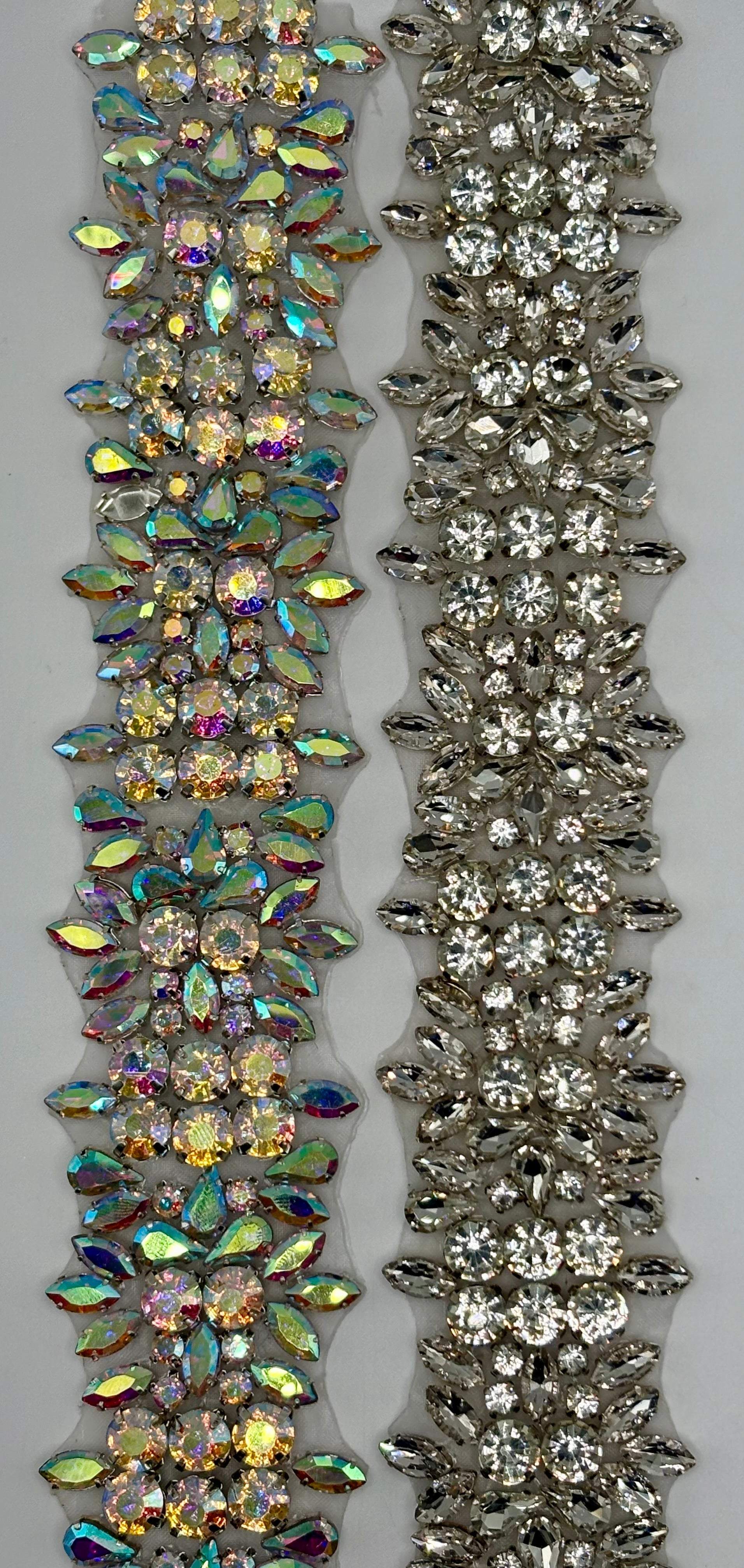 "Tiana" Rhinestone Yardage, handmade, 1.5-inch wide decorative trim.