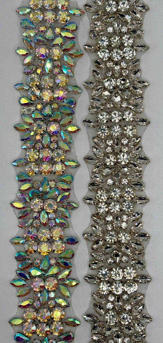 "Tiana" Rhinestone Yardage, handmade, 1.5-inch wide decorative trim.
