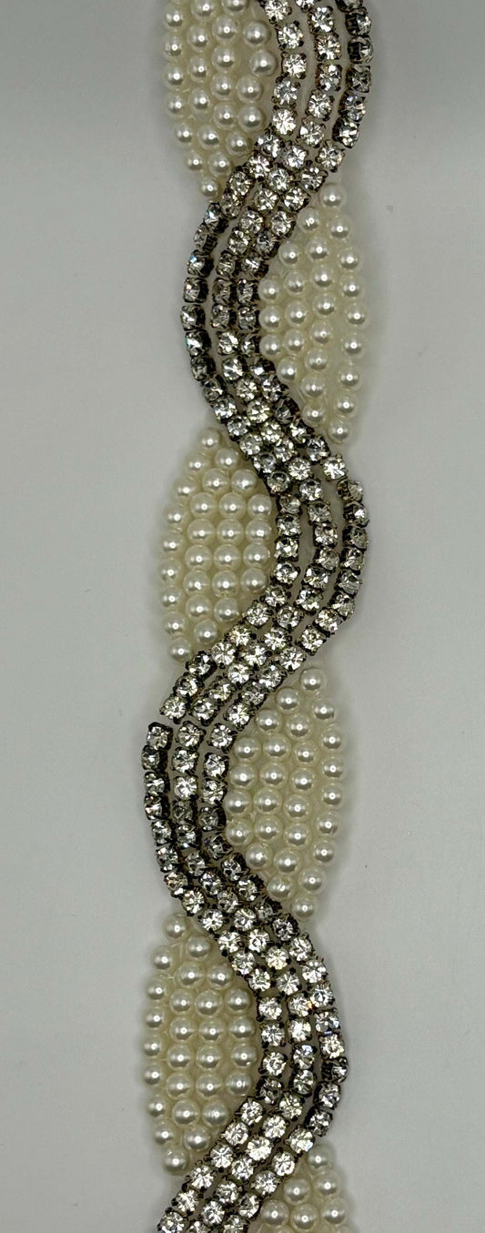 Handmade rhinestone yardage with glass beads, 3/4 inch wide trim.