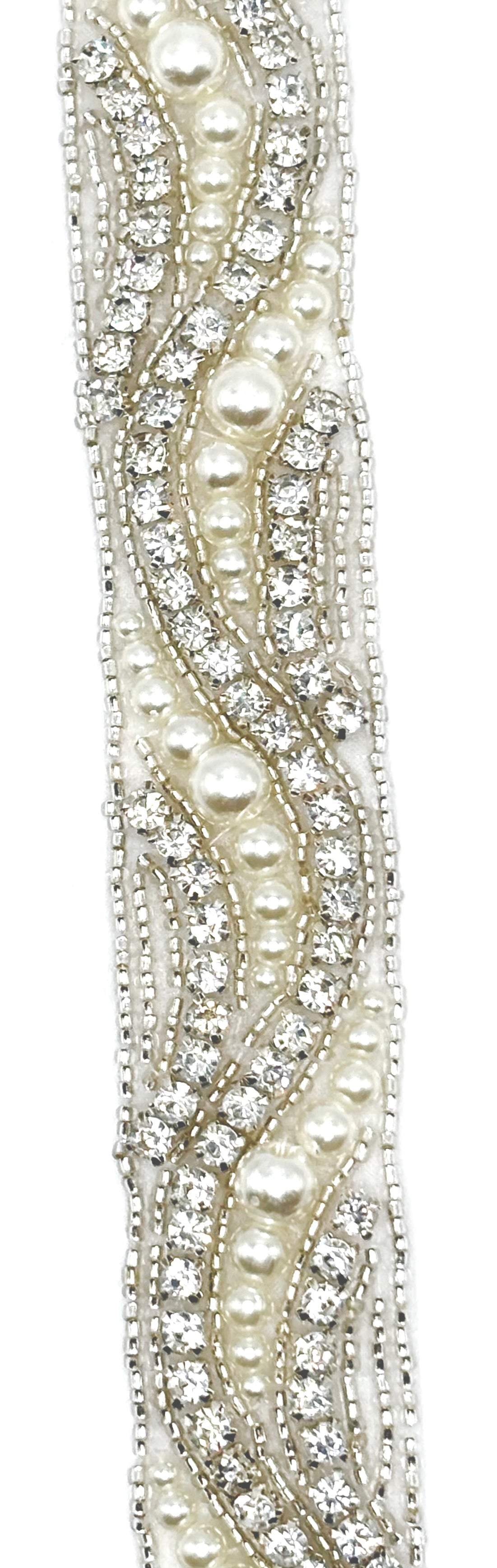 Pearl with rhinestone swirl yardage trim, handmade and approximately 1 inch wide.