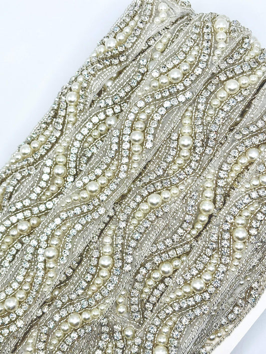 Pearl with rhinestone swirl yardage, handmade, 1 inch wide, elegant trim for embellishments.