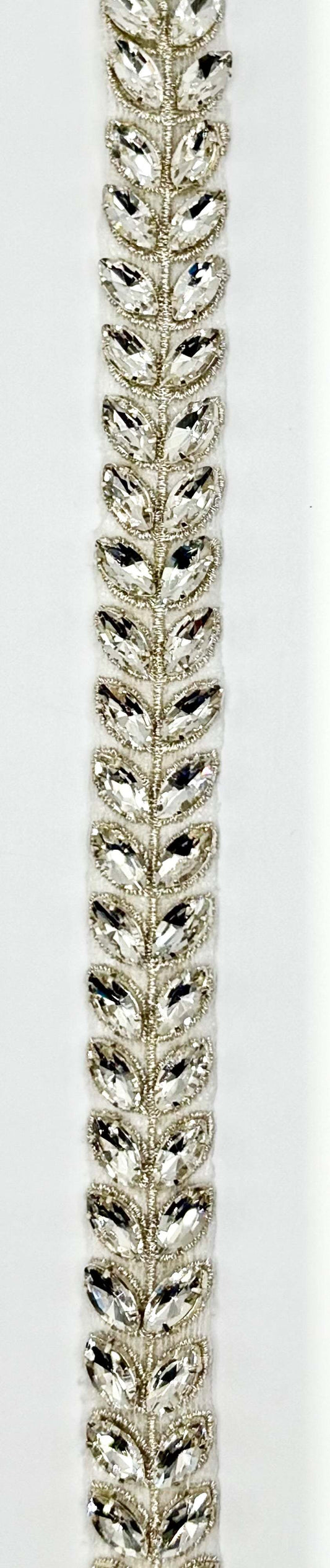 Ellah Yardage handmade rhinestone trim on silver setting, approximately 5/8 inch wide.