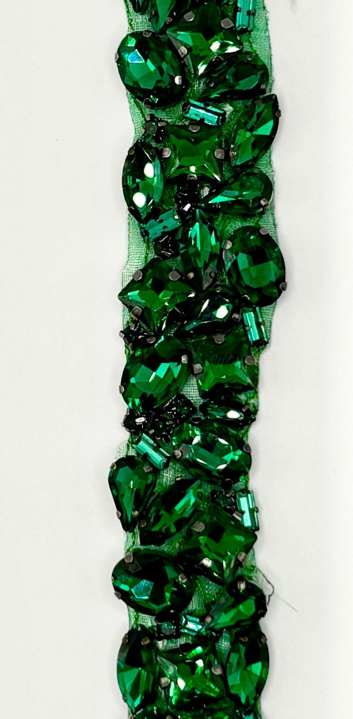 Handmade multi-stone yardage with green rhinestones, 1 inch wide.
