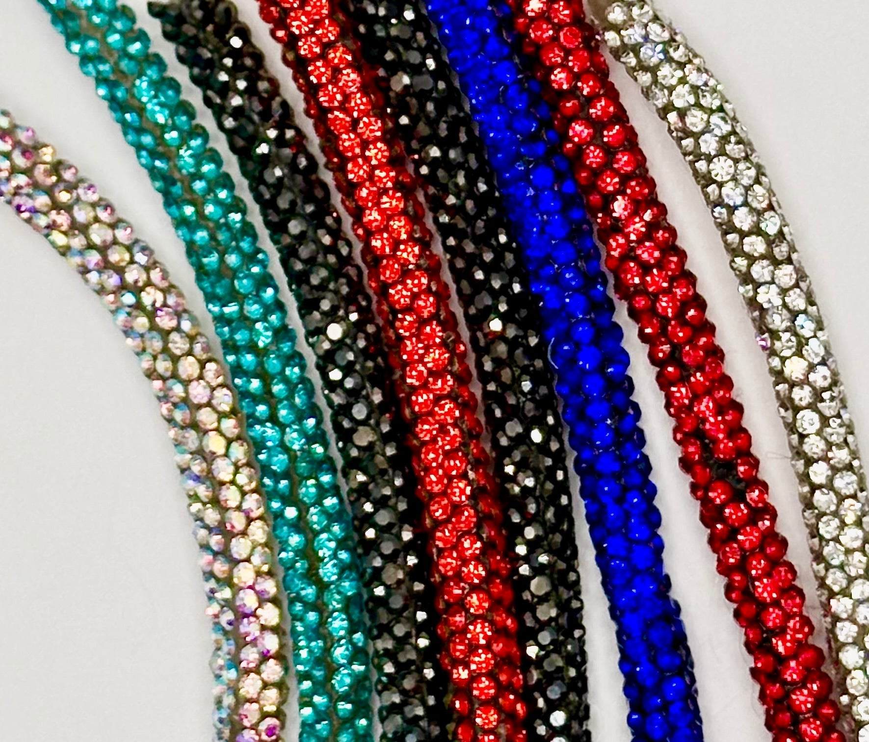Rhinestone Rope - 6MM yardage in various colors showcasing full-round sparkling rhinestones.