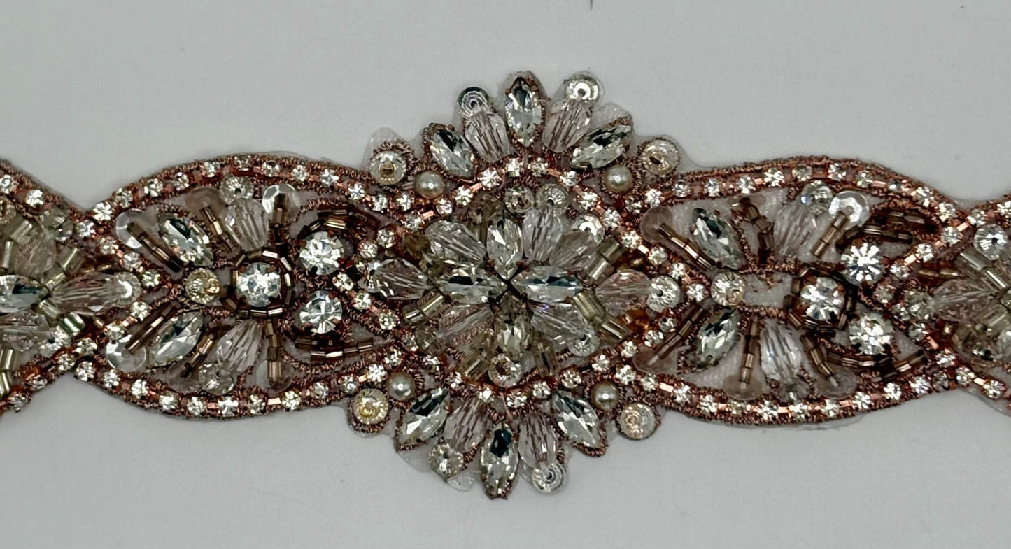 Lacey Rhinestone Bridal Belt with rhinestones, pearls, and glass beads.