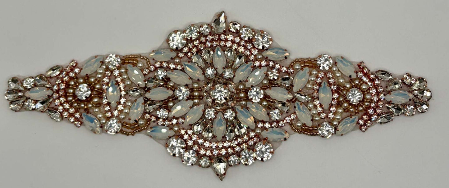 "Regal Olivia" opal and rhinestone bridal belt with pearls, 8.5 inches long, handmade.