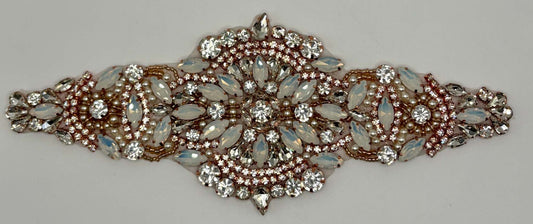 "Regal Olivia" opal and rhinestone bridal belt with pearls, 8.5 inches long, handmade.
