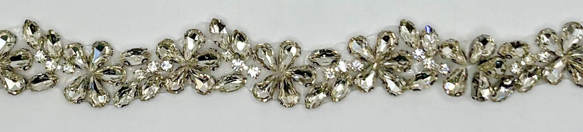 Handmade clear rhinestone bridal belt on silver, approximately 16 inches in length.