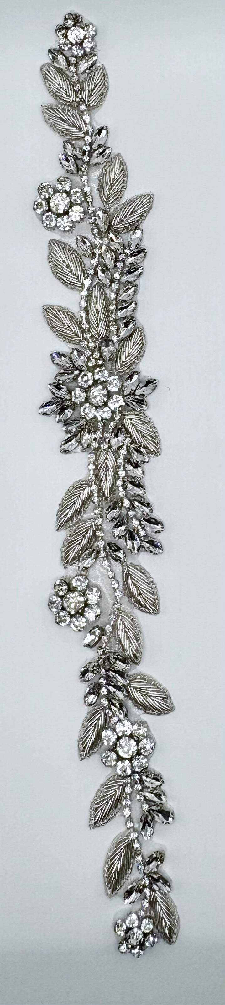 Handmade rhinestone bridal belt with silver bullion threads and floral design.