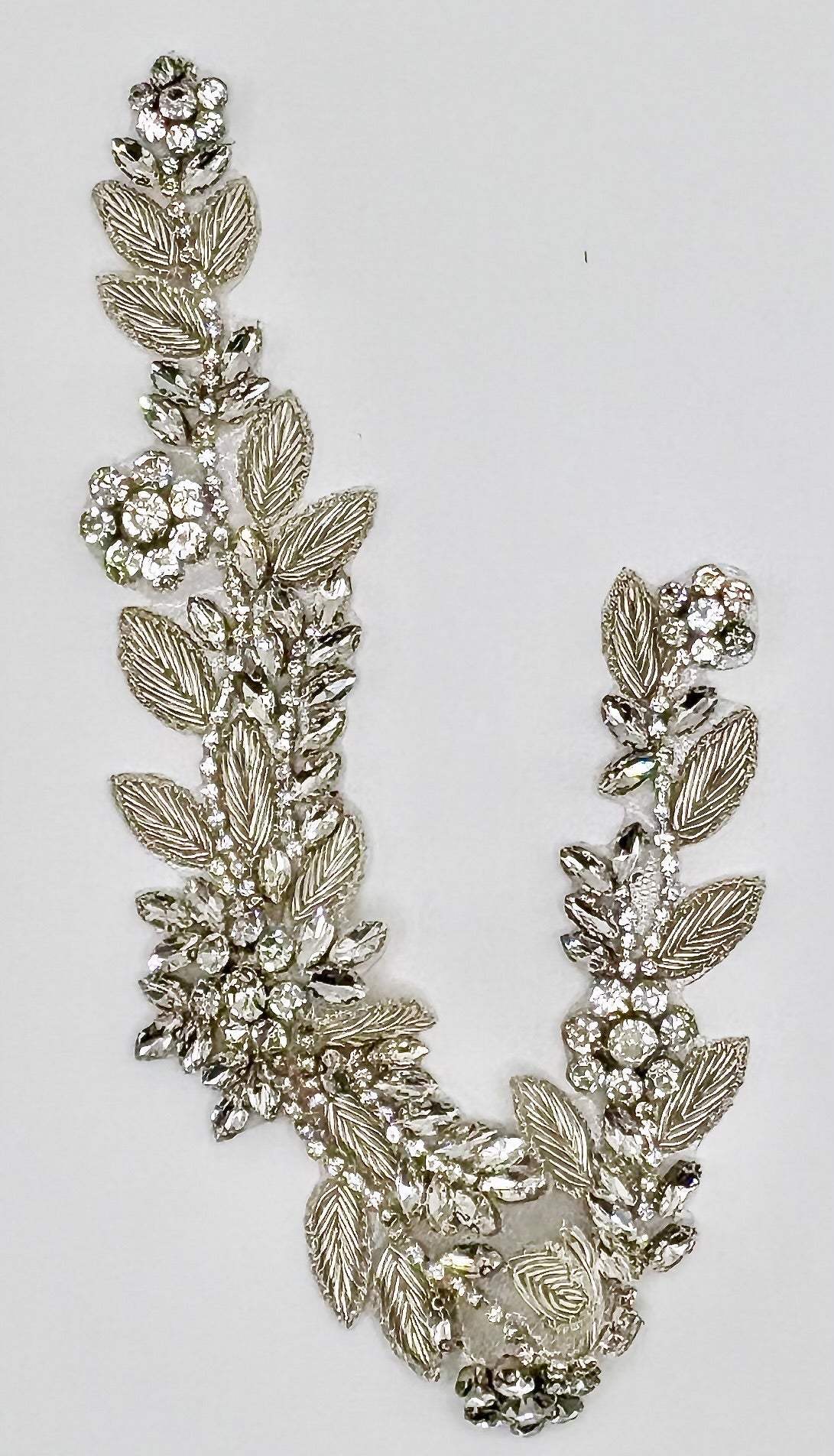 Handmade rhinestone bridal belt with silver bullion threads, intricate floral design.