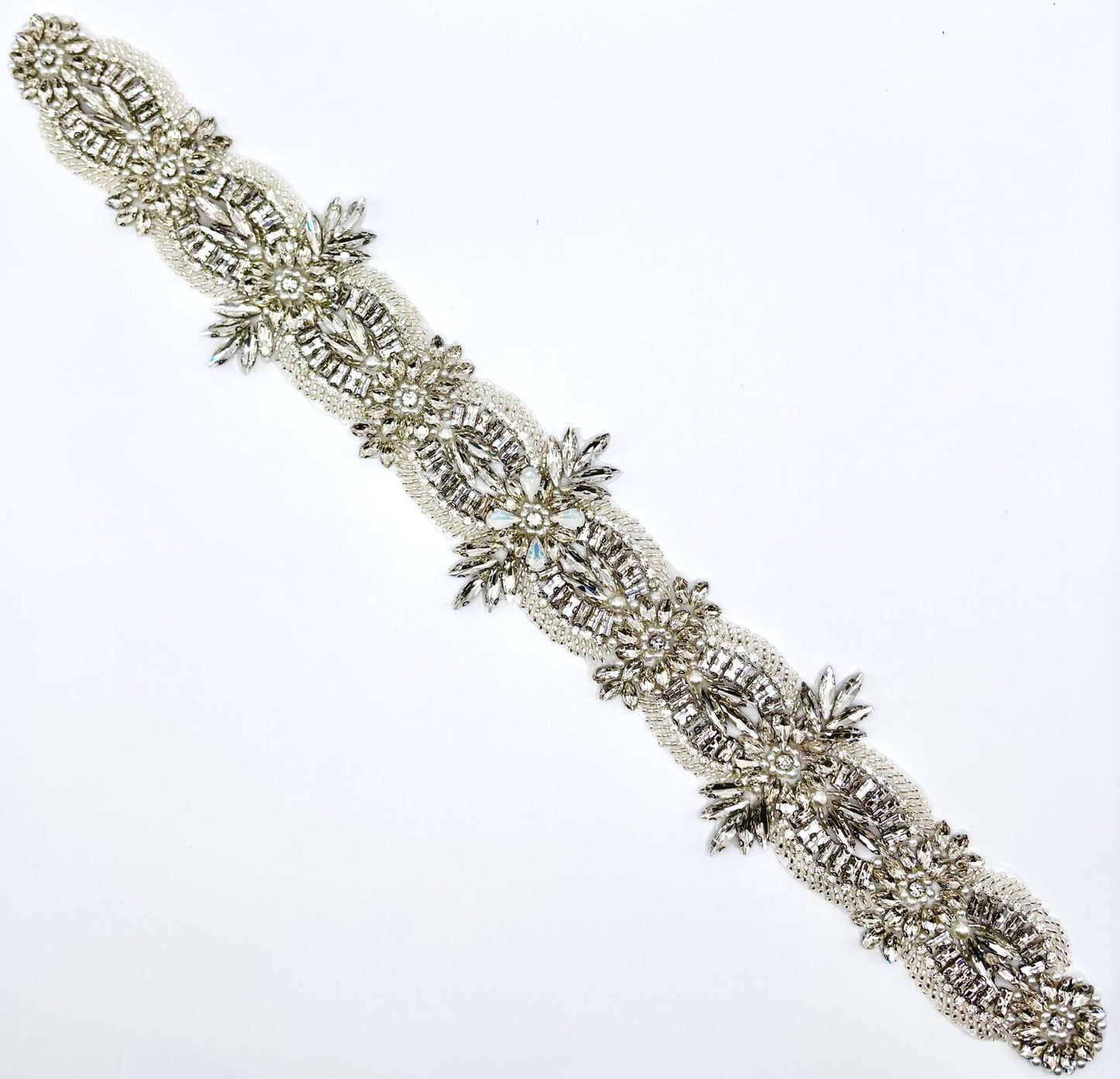 Opal and Clear Rhinestone Bridal Belt with Pearls and Glass Beads on Silver.